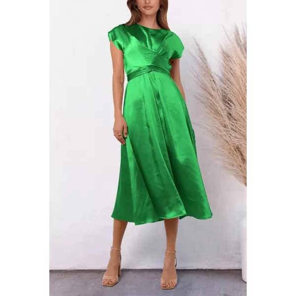 imagePRETTYGARDEN Womens 2023 Summer Satin Midi Dress Cap Sleeve Tie Waist Elegant ALine Flowy DressesGrass Green