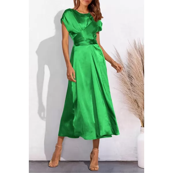 imagePRETTYGARDEN Womens 2023 Summer Satin Midi Dress Cap Sleeve Tie Waist Elegant ALine Flowy DressesGrass Green