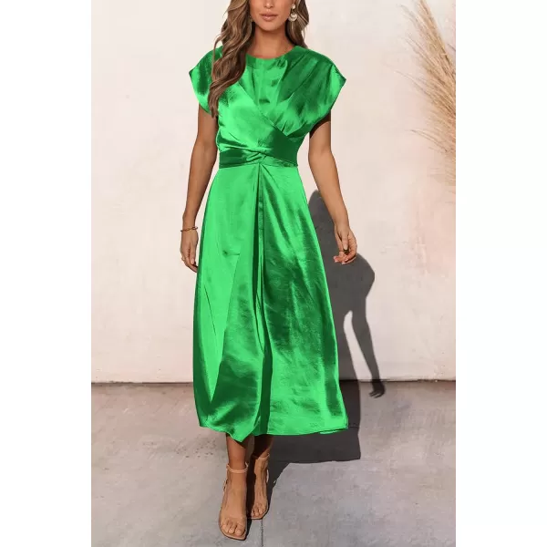 imagePRETTYGARDEN Womens 2023 Summer Satin Midi Dress Cap Sleeve Tie Waist Elegant ALine Flowy DressesGrass Green