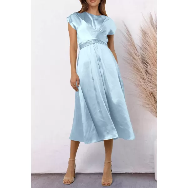 imagePRETTYGARDEN Womens 2023 Summer Satin Midi Dress Cap Sleeve Tie Waist Elegant ALine Flowy DressesLight Blue