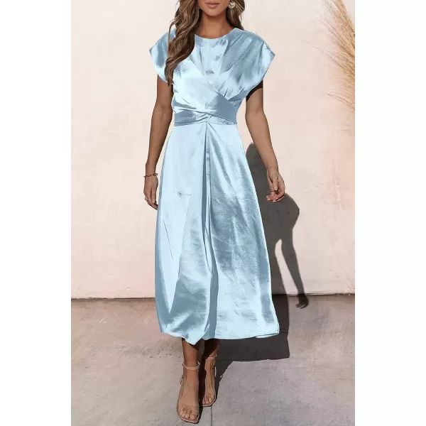 imagePRETTYGARDEN Womens 2023 Summer Satin Midi Dress Cap Sleeve Tie Waist Elegant ALine Flowy DressesLight Blue