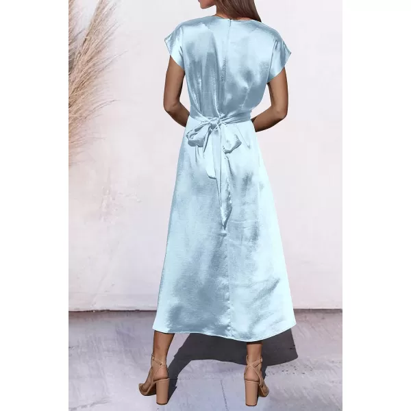 imagePRETTYGARDEN Womens 2023 Summer Satin Midi Dress Cap Sleeve Tie Waist Elegant ALine Flowy DressesLight Blue