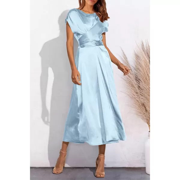 imagePRETTYGARDEN Womens 2023 Summer Satin Midi Dress Cap Sleeve Tie Waist Elegant ALine Flowy DressesLight Blue