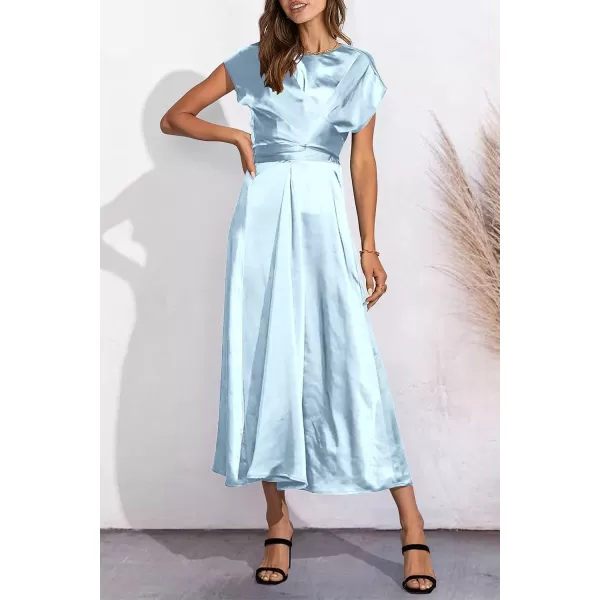 imagePRETTYGARDEN Womens 2023 Summer Satin Midi Dress Cap Sleeve Tie Waist Elegant ALine Flowy DressesLight Blue