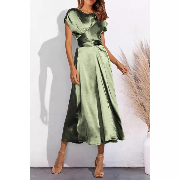 imagePRETTYGARDEN Womens 2023 Summer Satin Midi Dress Cap Sleeve Tie Waist Elegant ALine Flowy DressesLight Green