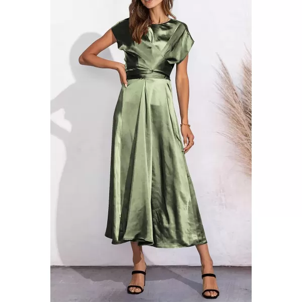 imagePRETTYGARDEN Womens 2023 Summer Satin Midi Dress Cap Sleeve Tie Waist Elegant ALine Flowy DressesLight Green