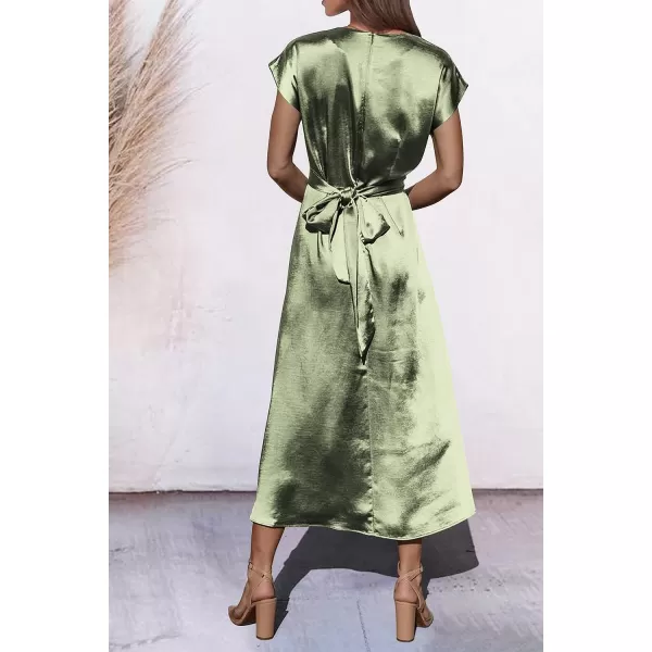imagePRETTYGARDEN Womens 2023 Summer Satin Midi Dress Cap Sleeve Tie Waist Elegant ALine Flowy DressesLight Green