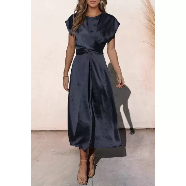 imagePRETTYGARDEN Womens 2023 Summer Satin Midi Dress Cap Sleeve Tie Waist Elegant ALine Flowy DressesNavy