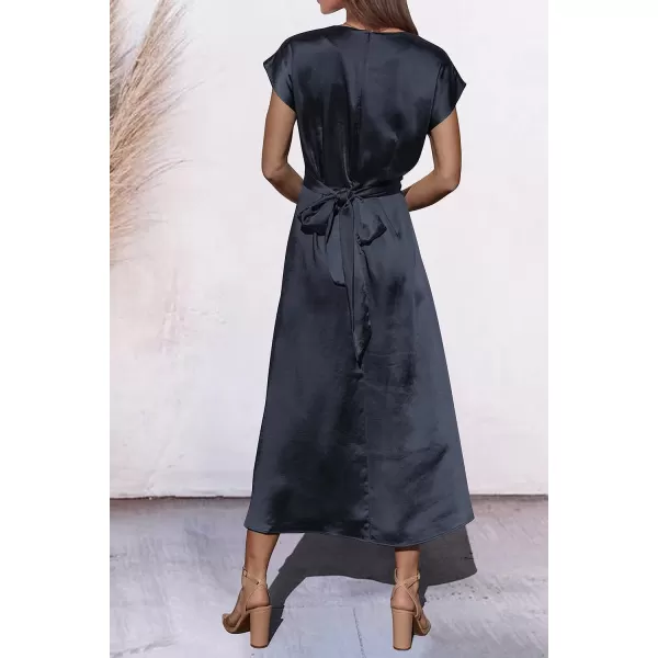 imagePRETTYGARDEN Womens 2023 Summer Satin Midi Dress Cap Sleeve Tie Waist Elegant ALine Flowy DressesNavy