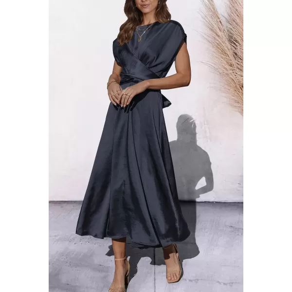 imagePRETTYGARDEN Womens 2023 Summer Satin Midi Dress Cap Sleeve Tie Waist Elegant ALine Flowy DressesNavy