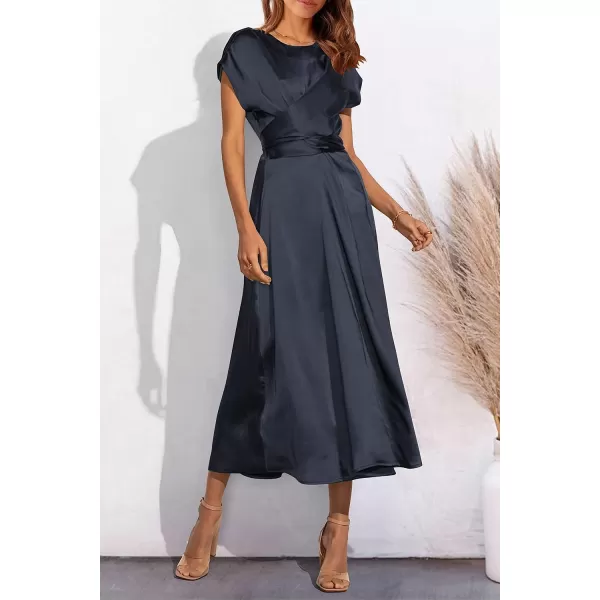 imagePRETTYGARDEN Womens 2023 Summer Satin Midi Dress Cap Sleeve Tie Waist Elegant ALine Flowy DressesNavy