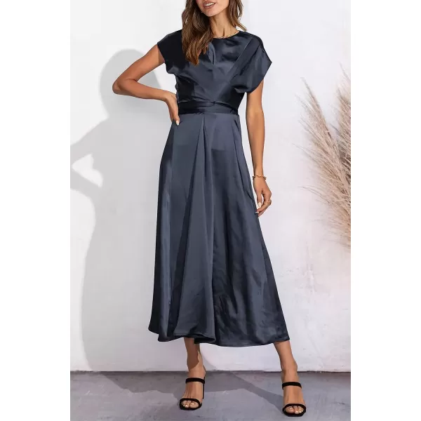 imagePRETTYGARDEN Womens 2023 Summer Satin Midi Dress Cap Sleeve Tie Waist Elegant ALine Flowy DressesNavy