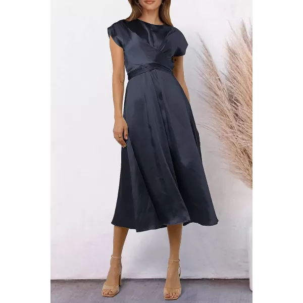 imagePRETTYGARDEN Womens 2023 Summer Satin Midi Dress Cap Sleeve Tie Waist Elegant ALine Flowy DressesNavy