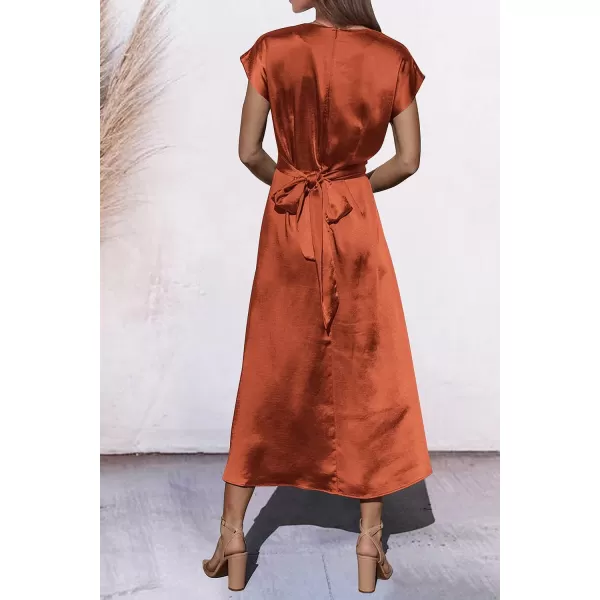 imagePRETTYGARDEN Womens 2023 Summer Satin Midi Dress Cap Sleeve Tie Waist Elegant ALine Flowy DressesOrange Red