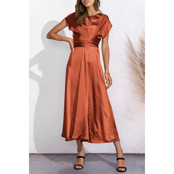 imagePRETTYGARDEN Womens 2023 Summer Satin Midi Dress Cap Sleeve Tie Waist Elegant ALine Flowy DressesOrange Red