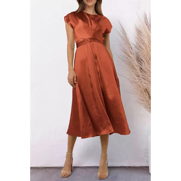 imagePRETTYGARDEN Womens 2023 Summer Satin Midi Dress Cap Sleeve Tie Waist Elegant ALine Flowy DressesOrange Red