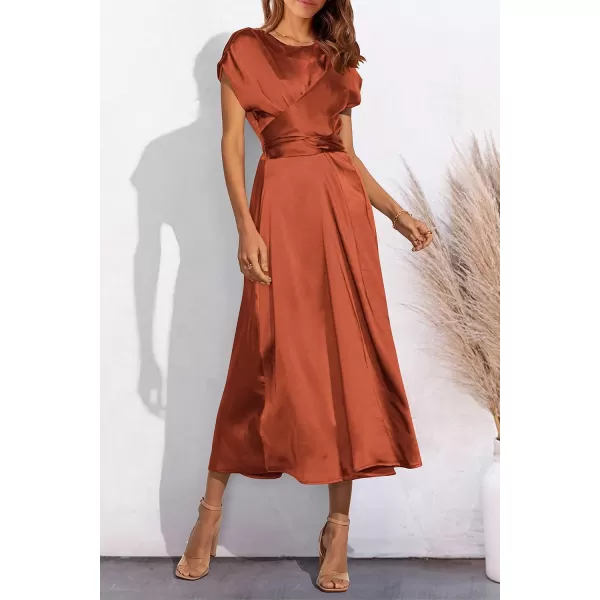 imagePRETTYGARDEN Womens 2023 Summer Satin Midi Dress Cap Sleeve Tie Waist Elegant ALine Flowy DressesOrange Red