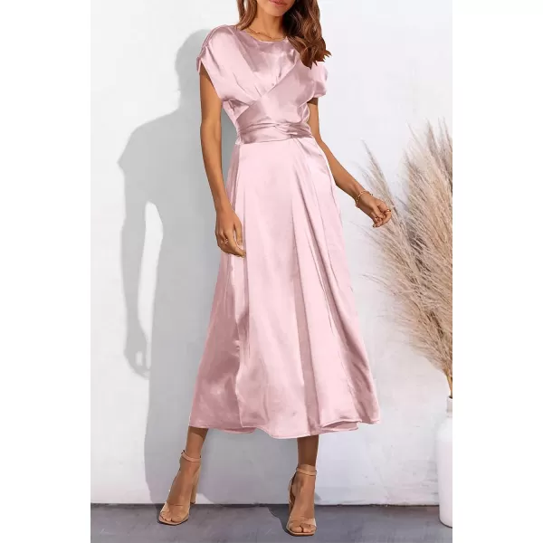 imagePRETTYGARDEN Womens 2023 Summer Satin Midi Dress Cap Sleeve Tie Waist Elegant ALine Flowy DressesPink