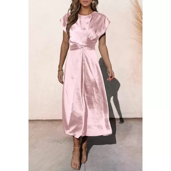 imagePRETTYGARDEN Womens 2023 Summer Satin Midi Dress Cap Sleeve Tie Waist Elegant ALine Flowy DressesPink