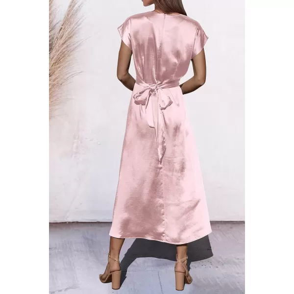 imagePRETTYGARDEN Womens 2023 Summer Satin Midi Dress Cap Sleeve Tie Waist Elegant ALine Flowy DressesPink