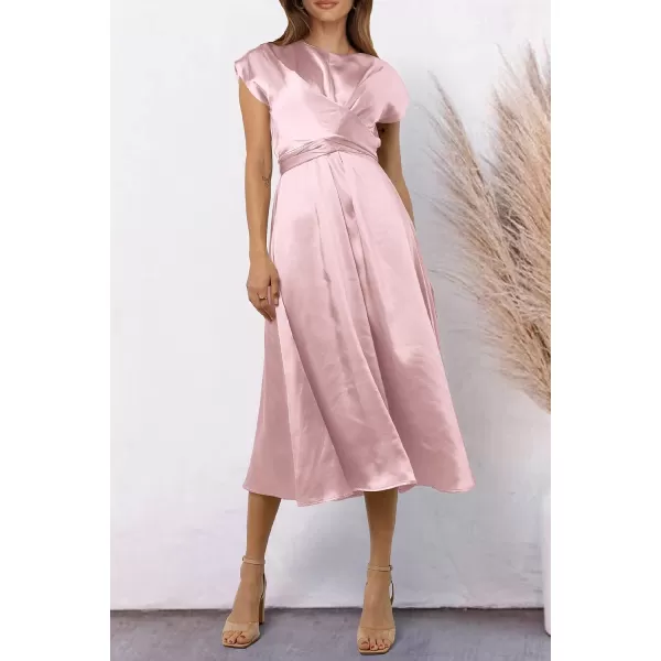 imagePRETTYGARDEN Womens 2023 Summer Satin Midi Dress Cap Sleeve Tie Waist Elegant ALine Flowy DressesPink