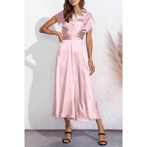 imagePRETTYGARDEN Womens 2023 Summer Satin Midi Dress Cap Sleeve Tie Waist Elegant ALine Flowy DressesPink