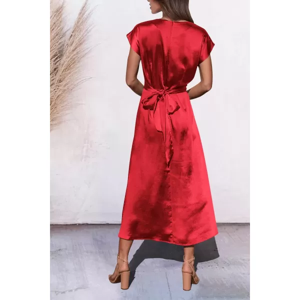 imagePRETTYGARDEN Womens 2023 Summer Satin Midi Dress Cap Sleeve Tie Waist Elegant ALine Flowy DressesRed