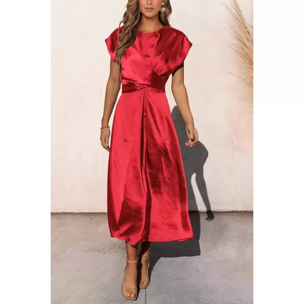 imagePRETTYGARDEN Womens 2023 Summer Satin Midi Dress Cap Sleeve Tie Waist Elegant ALine Flowy DressesRed