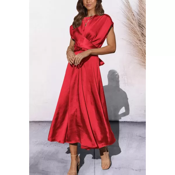 imagePRETTYGARDEN Womens 2023 Summer Satin Midi Dress Cap Sleeve Tie Waist Elegant ALine Flowy DressesRed