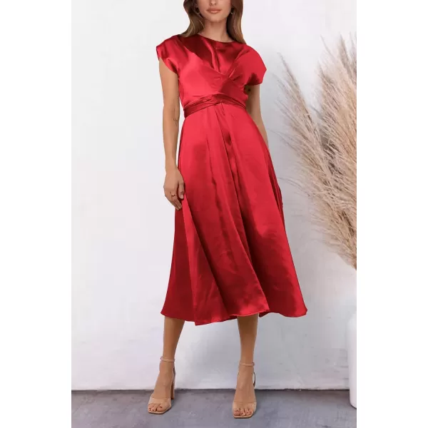imagePRETTYGARDEN Womens 2023 Summer Satin Midi Dress Cap Sleeve Tie Waist Elegant ALine Flowy DressesRed