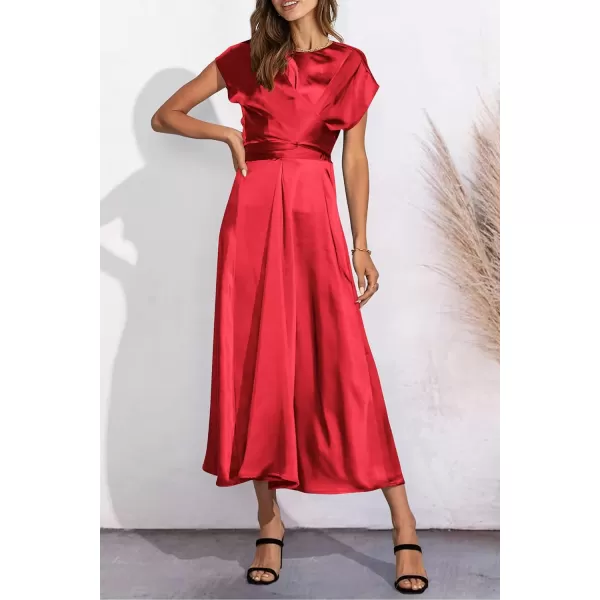 imagePRETTYGARDEN Womens 2023 Summer Satin Midi Dress Cap Sleeve Tie Waist Elegant ALine Flowy DressesRed