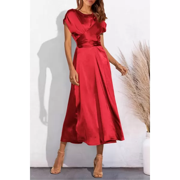 imagePRETTYGARDEN Womens 2023 Summer Satin Midi Dress Cap Sleeve Tie Waist Elegant ALine Flowy DressesRed