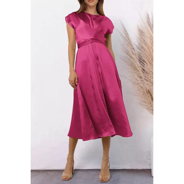 imagePRETTYGARDEN Womens 2023 Summer Satin Midi Dress Cap Sleeve Tie Waist Elegant ALine Flowy DressesRose Red
