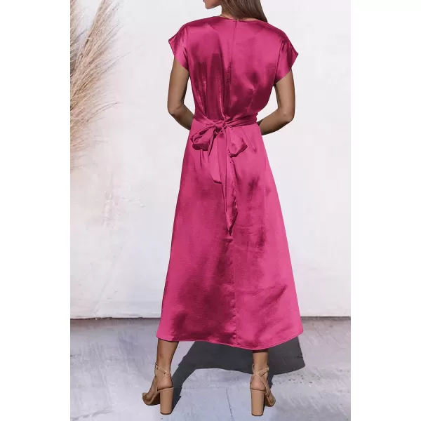 imagePRETTYGARDEN Womens 2023 Summer Satin Midi Dress Cap Sleeve Tie Waist Elegant ALine Flowy DressesRose Red