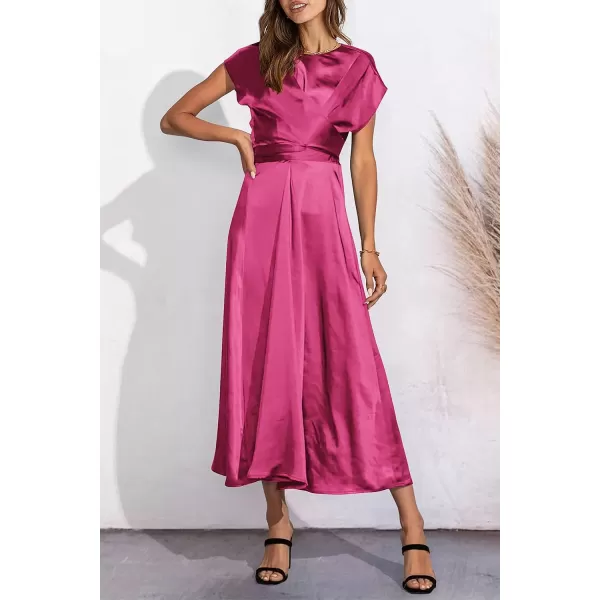 imagePRETTYGARDEN Womens 2023 Summer Satin Midi Dress Cap Sleeve Tie Waist Elegant ALine Flowy DressesRose Red