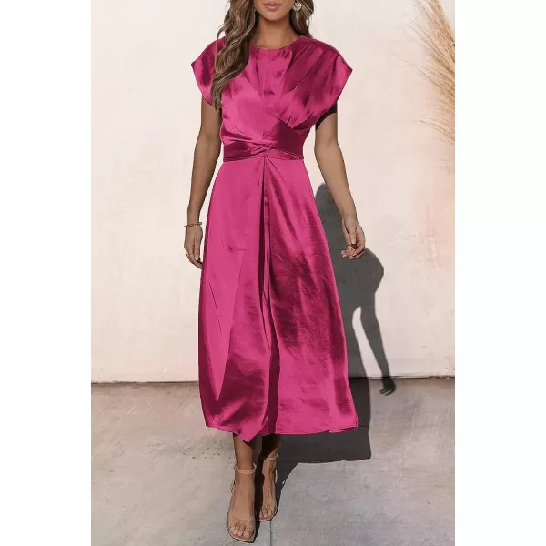 imagePRETTYGARDEN Womens 2023 Summer Satin Midi Dress Cap Sleeve Tie Waist Elegant ALine Flowy DressesRose Red