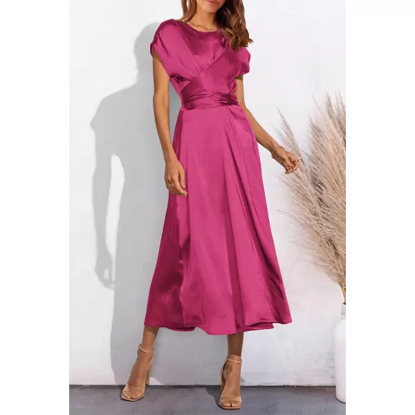 imagePRETTYGARDEN Womens 2023 Summer Satin Midi Dress Cap Sleeve Tie Waist Elegant ALine Flowy DressesRose Red