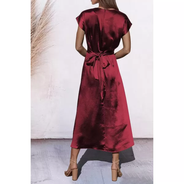 imagePRETTYGARDEN Womens 2023 Summer Satin Midi Dress Cap Sleeve Tie Waist Elegant ALine Flowy DressesWine Red