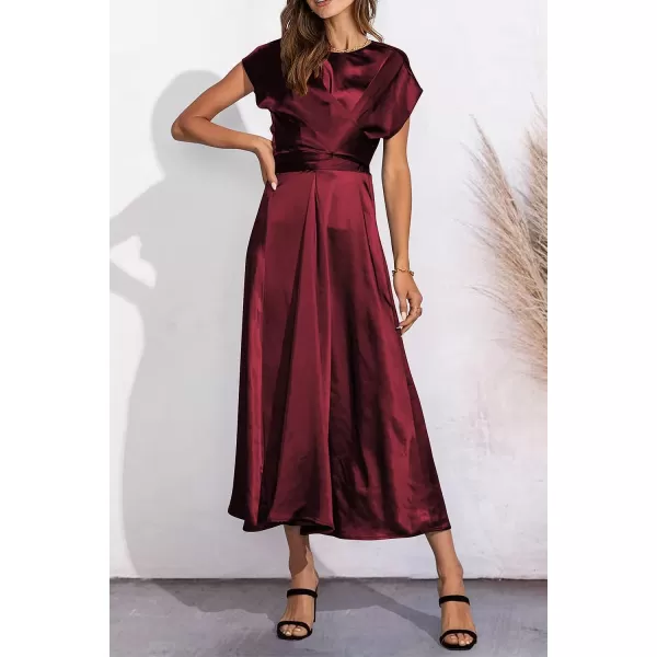imagePRETTYGARDEN Womens 2023 Summer Satin Midi Dress Cap Sleeve Tie Waist Elegant ALine Flowy DressesWine Red