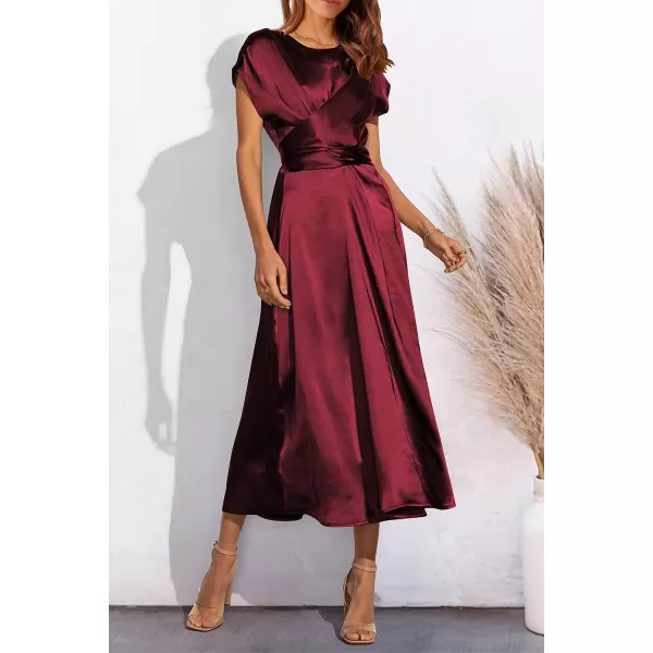 imagePRETTYGARDEN Womens 2023 Summer Satin Midi Dress Cap Sleeve Tie Waist Elegant ALine Flowy DressesWine Red