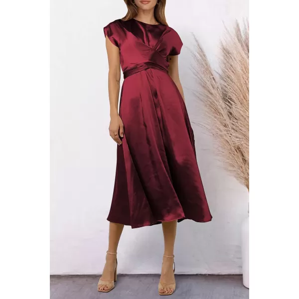 imagePRETTYGARDEN Womens 2023 Summer Satin Midi Dress Cap Sleeve Tie Waist Elegant ALine Flowy DressesWine Red