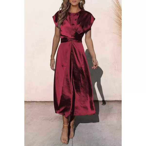 imagePRETTYGARDEN Womens 2023 Summer Satin Midi Dress Cap Sleeve Tie Waist Elegant ALine Flowy DressesWine Red
