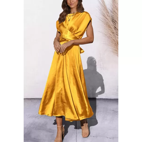 imagePRETTYGARDEN Womens 2023 Summer Satin Midi Dress Cap Sleeve Tie Waist Elegant ALine Flowy DressesYellow