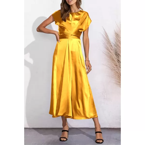 imagePRETTYGARDEN Womens 2023 Summer Satin Midi Dress Cap Sleeve Tie Waist Elegant ALine Flowy DressesYellow