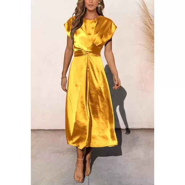 imagePRETTYGARDEN Womens 2023 Summer Satin Midi Dress Cap Sleeve Tie Waist Elegant ALine Flowy DressesYellow