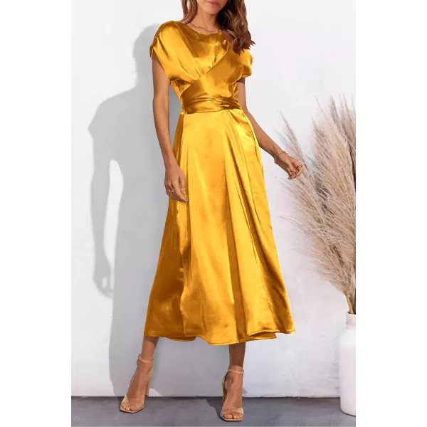 imagePRETTYGARDEN Womens 2023 Summer Satin Midi Dress Cap Sleeve Tie Waist Elegant ALine Flowy DressesYellow