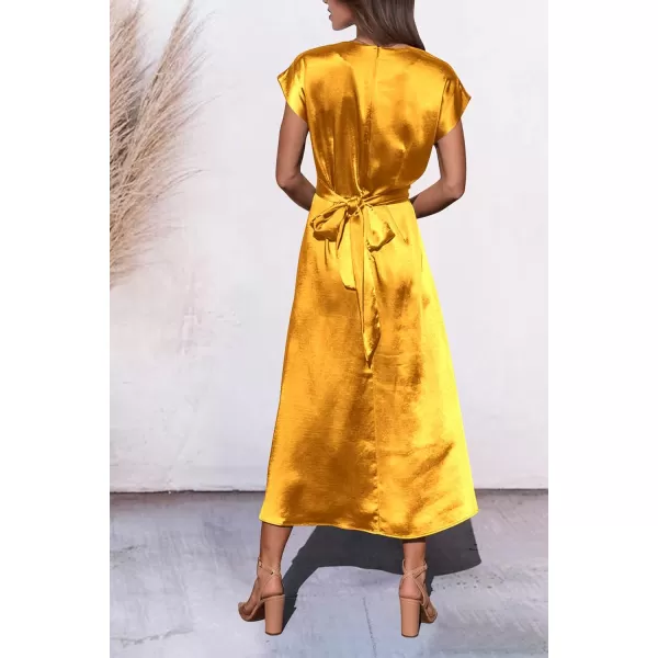 imagePRETTYGARDEN Womens 2023 Summer Satin Midi Dress Cap Sleeve Tie Waist Elegant ALine Flowy DressesYellow