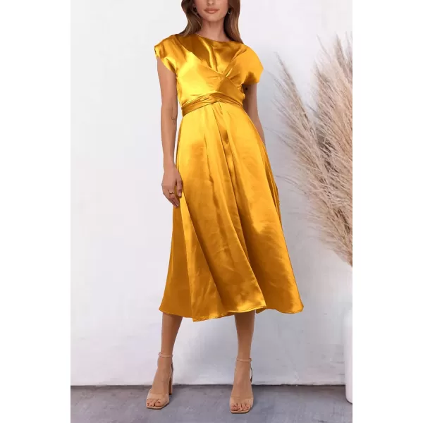 imagePRETTYGARDEN Womens 2023 Summer Satin Midi Dress Cap Sleeve Tie Waist Elegant ALine Flowy DressesYellow