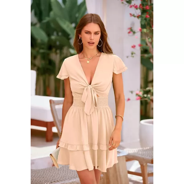 imagePRETTYGARDEN Womens 2023 Summer Swing Mini Dress Tie Front V Neck Short Sleeve Ruffle Layer ALine Short DressApricot