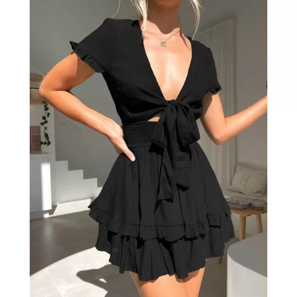 imagePRETTYGARDEN Womens 2023 Summer Swing Mini Dress Tie Front V Neck Short Sleeve Ruffle Layer ALine Short DressBlack